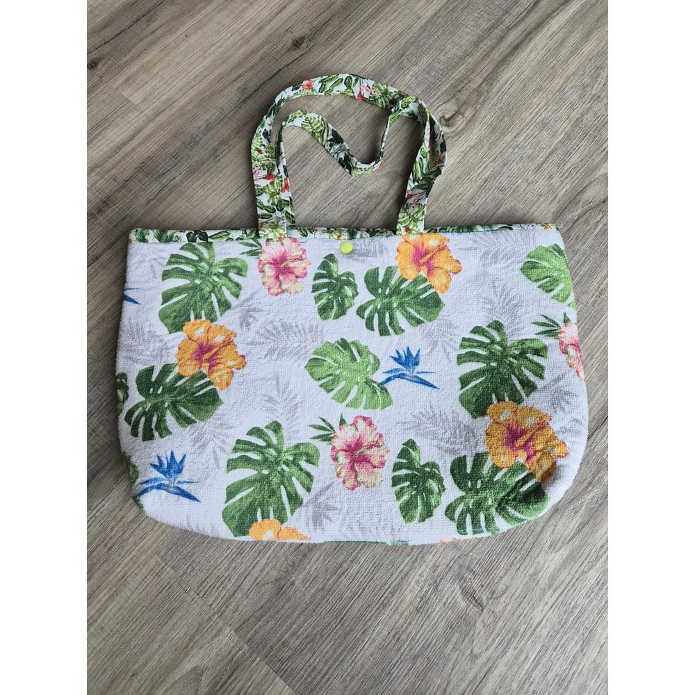 Tropical Floral Hibiscus Beach Tote Bag Leopard Jungle Print Lining White Green